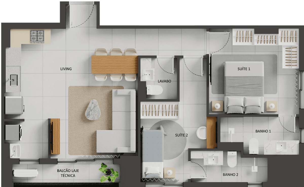 Planta 16 - 2 dorm 75,12m²