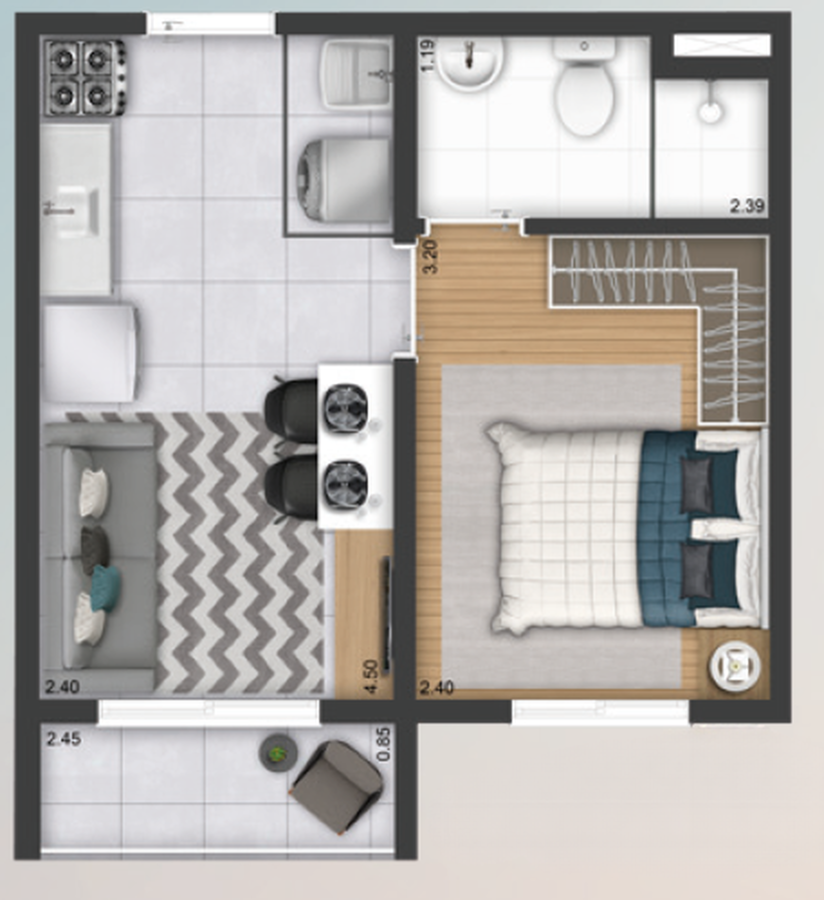 Planta 01 - 1 dorm 26,75m²