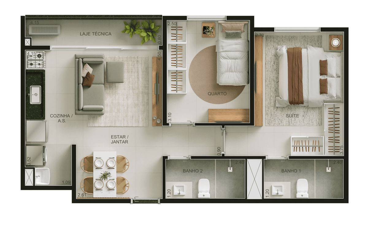 Planta 01 - 2 dorm 54m²