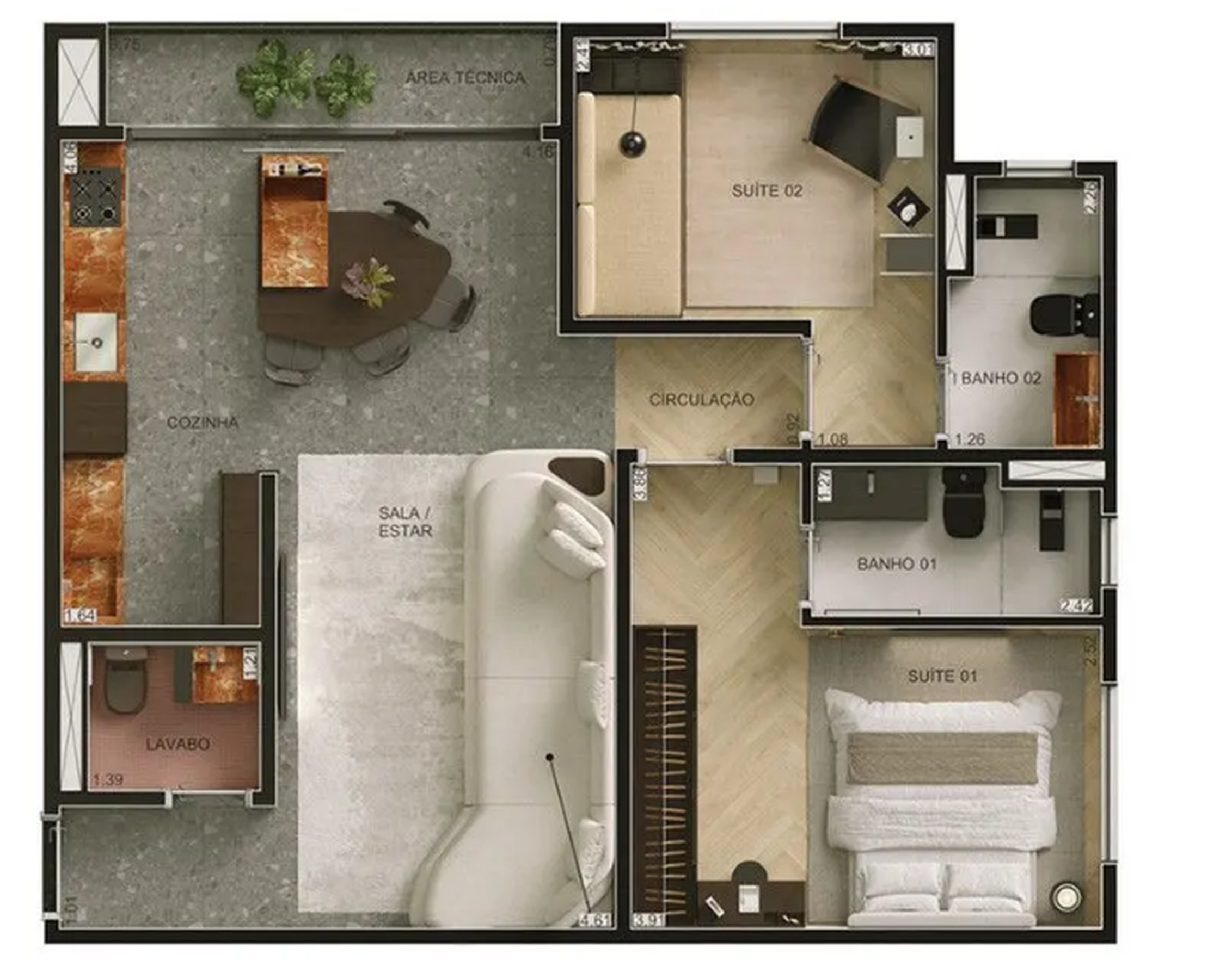 Planta 02 - 2 dorm 67m²