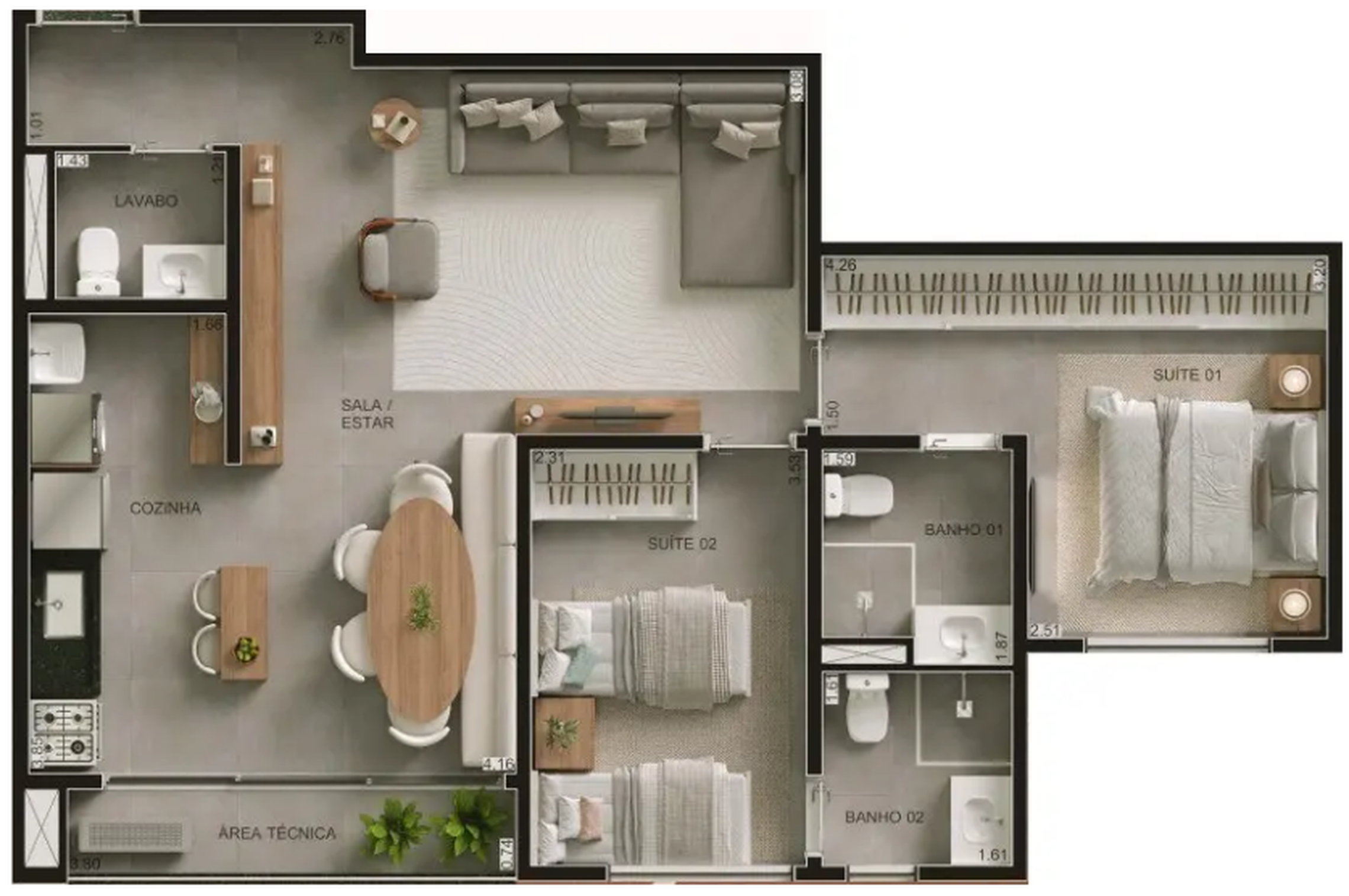 Planta 03 - 2 dorm 70m²