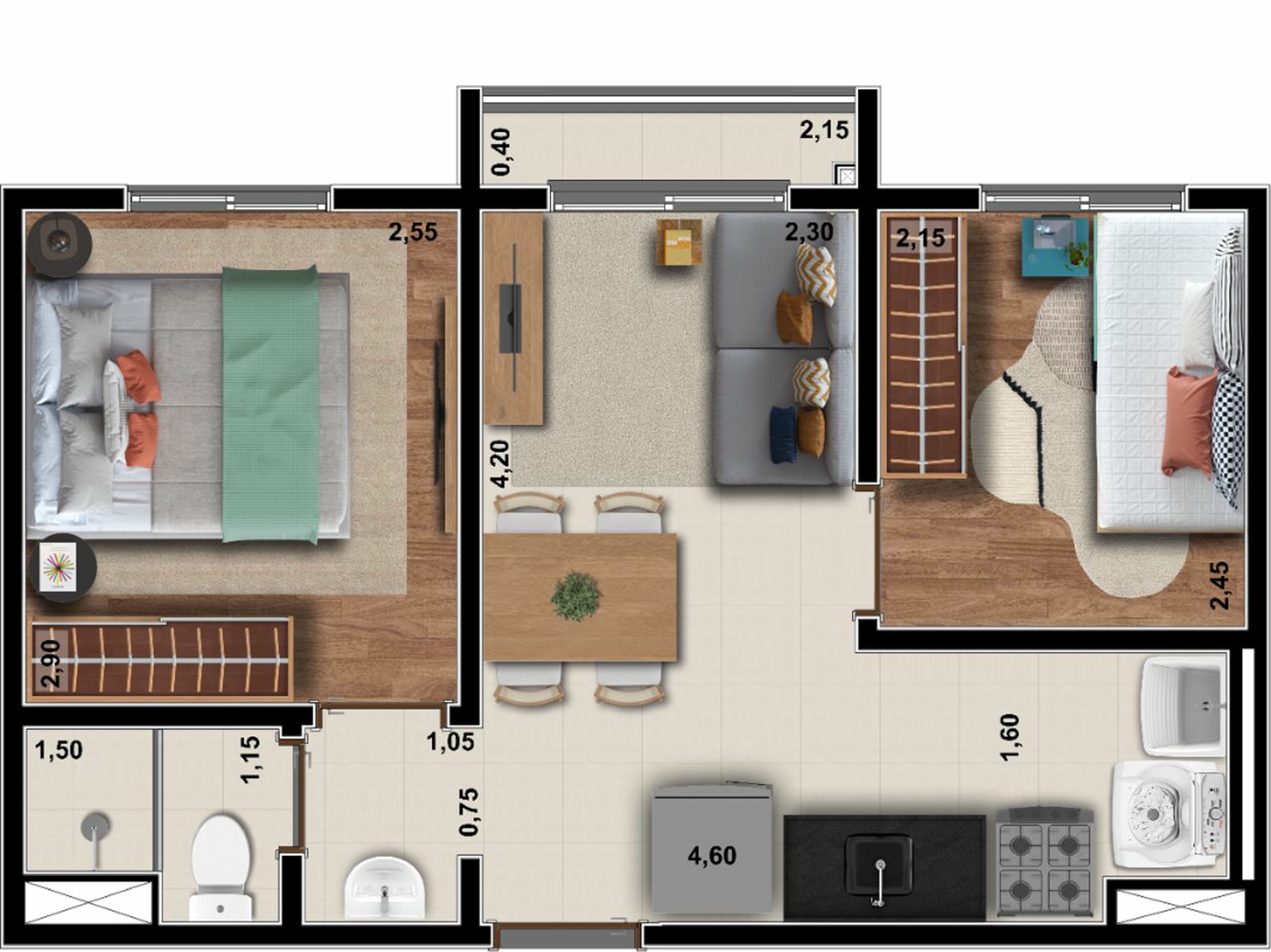 Planta 01 - 2 dorm 34m²