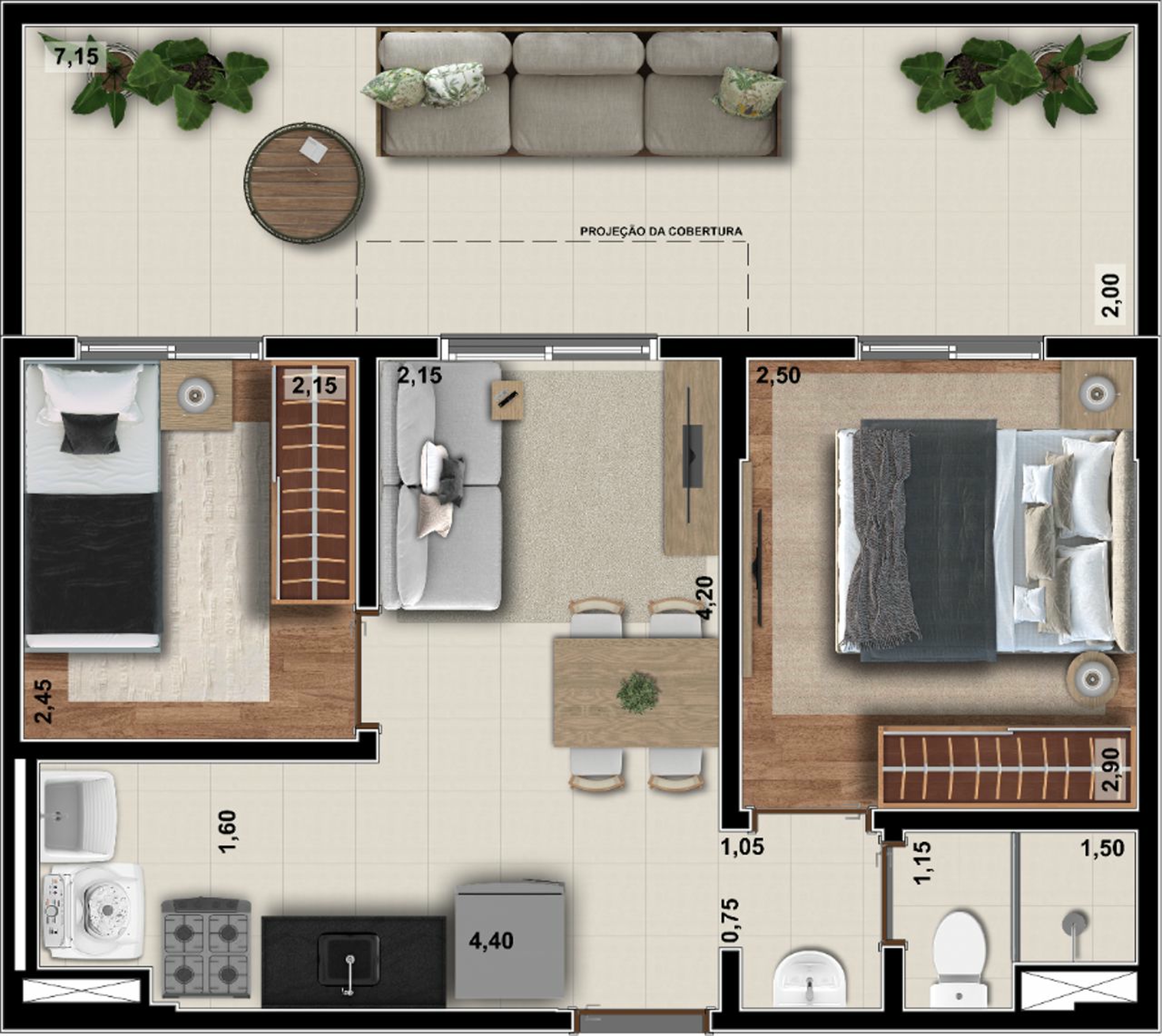 Planta 03 - 2 dorm 48m²