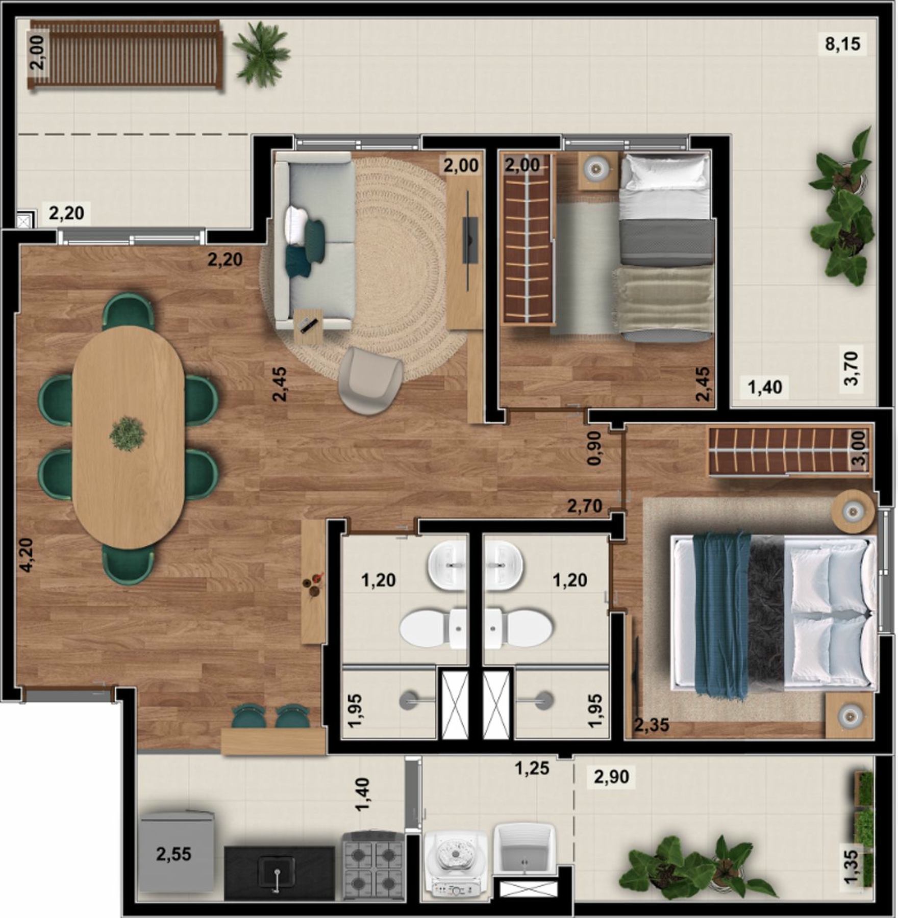 Planta 07 - 2 dorm 70m² - garden