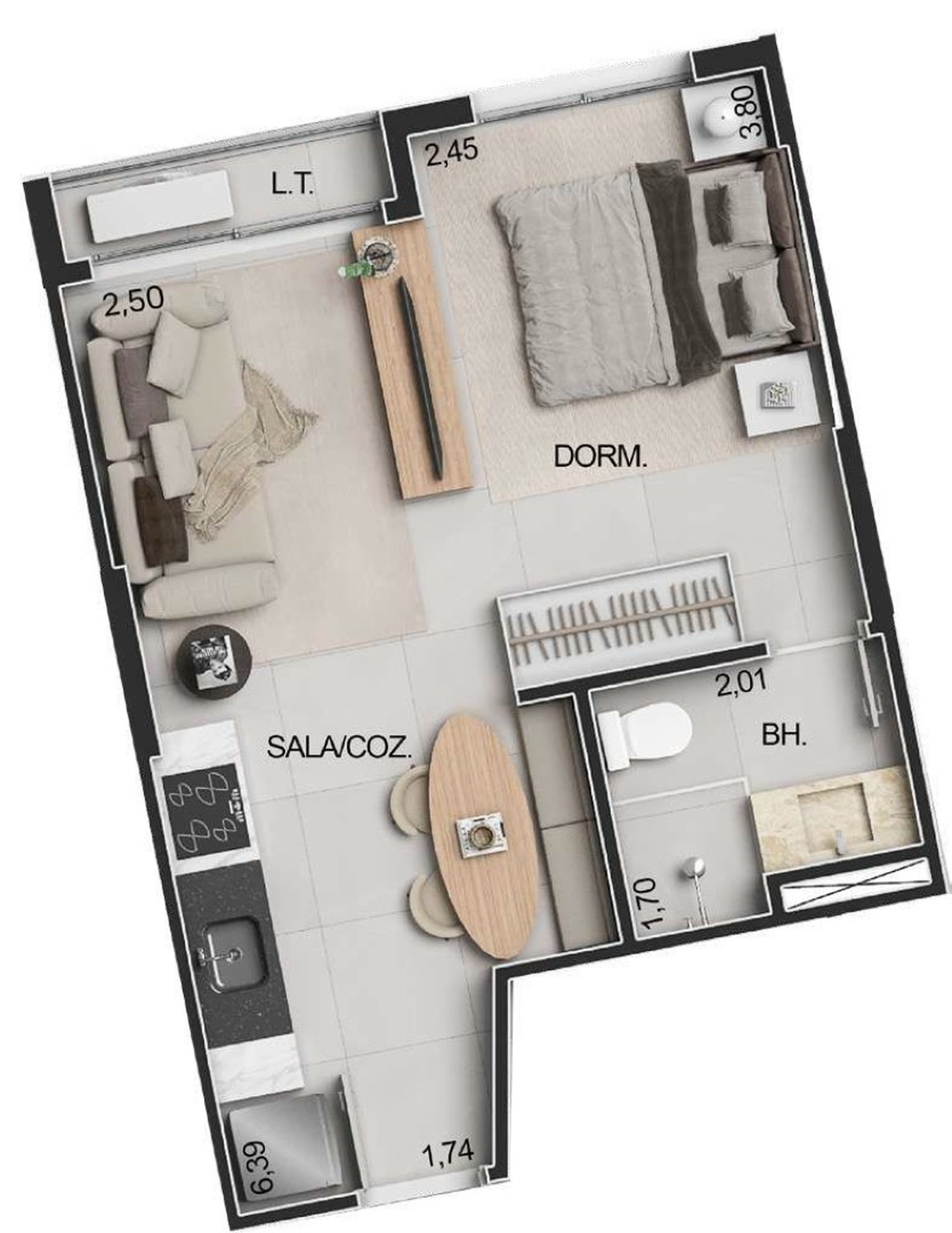 Planta 01 - 1 dorm 33,08m² - studio