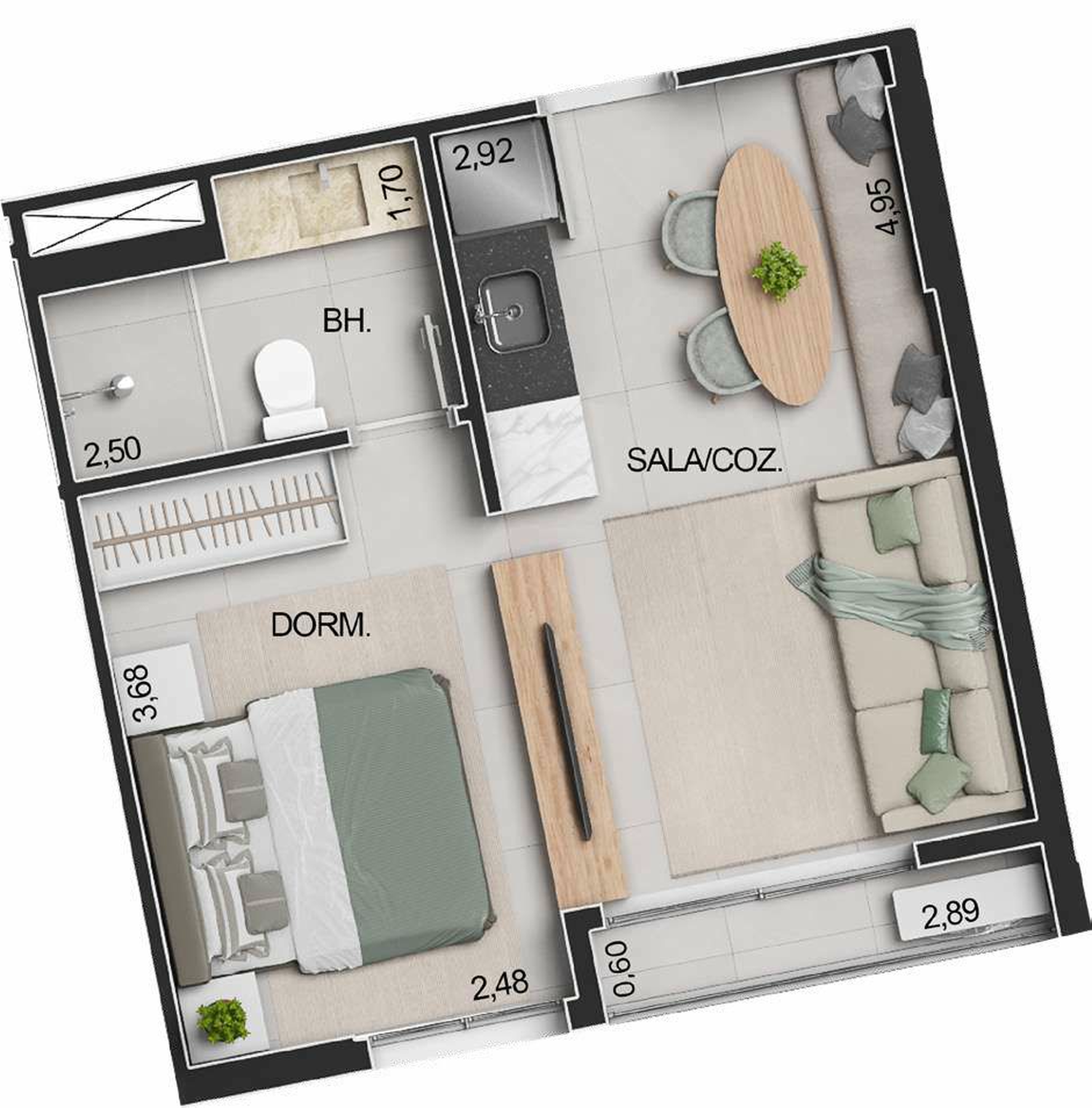 Planta 02 - 1 dorm 33,72m² - studio