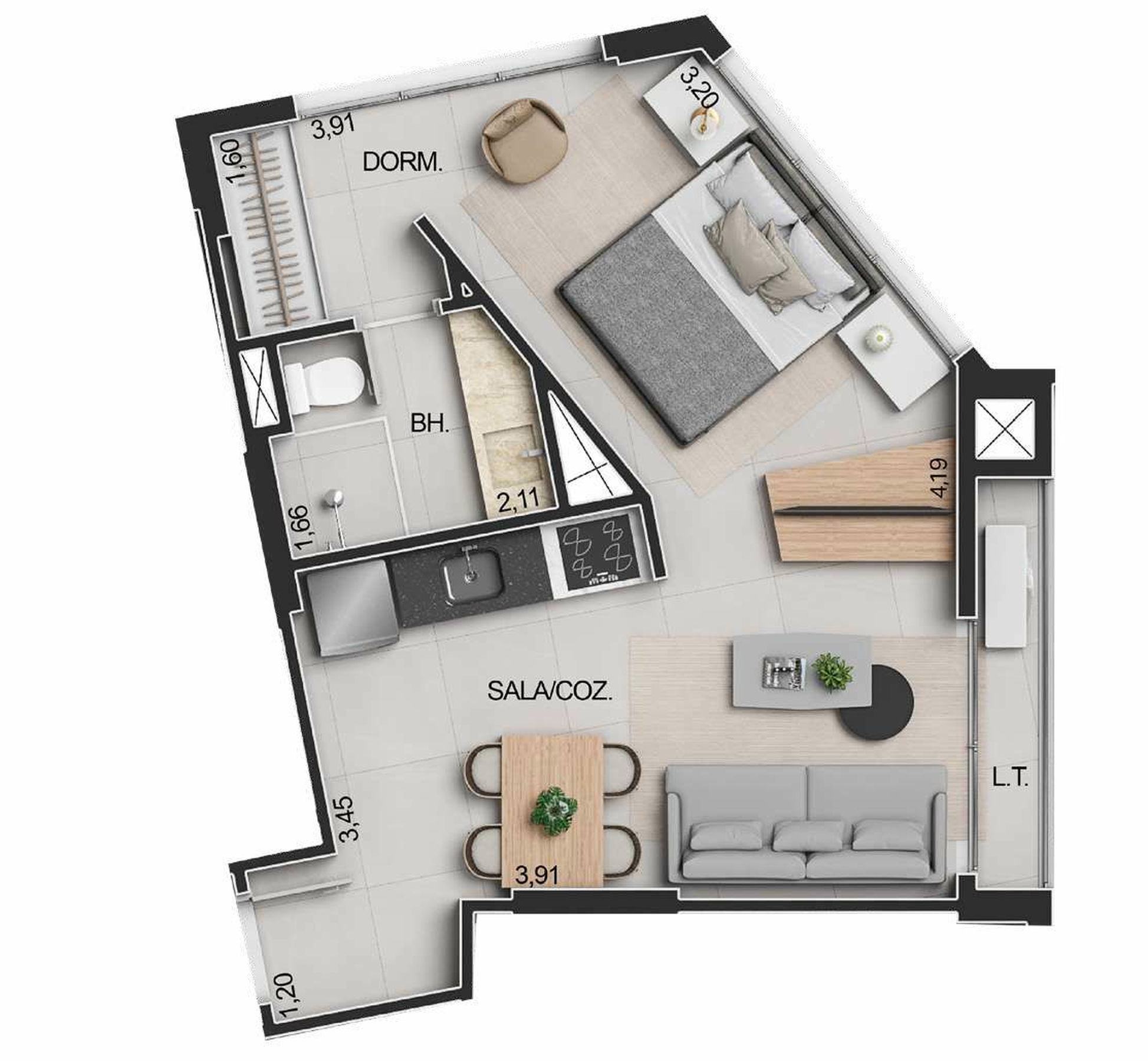 Planta 12 - 1 dorm 39,20m² - studio