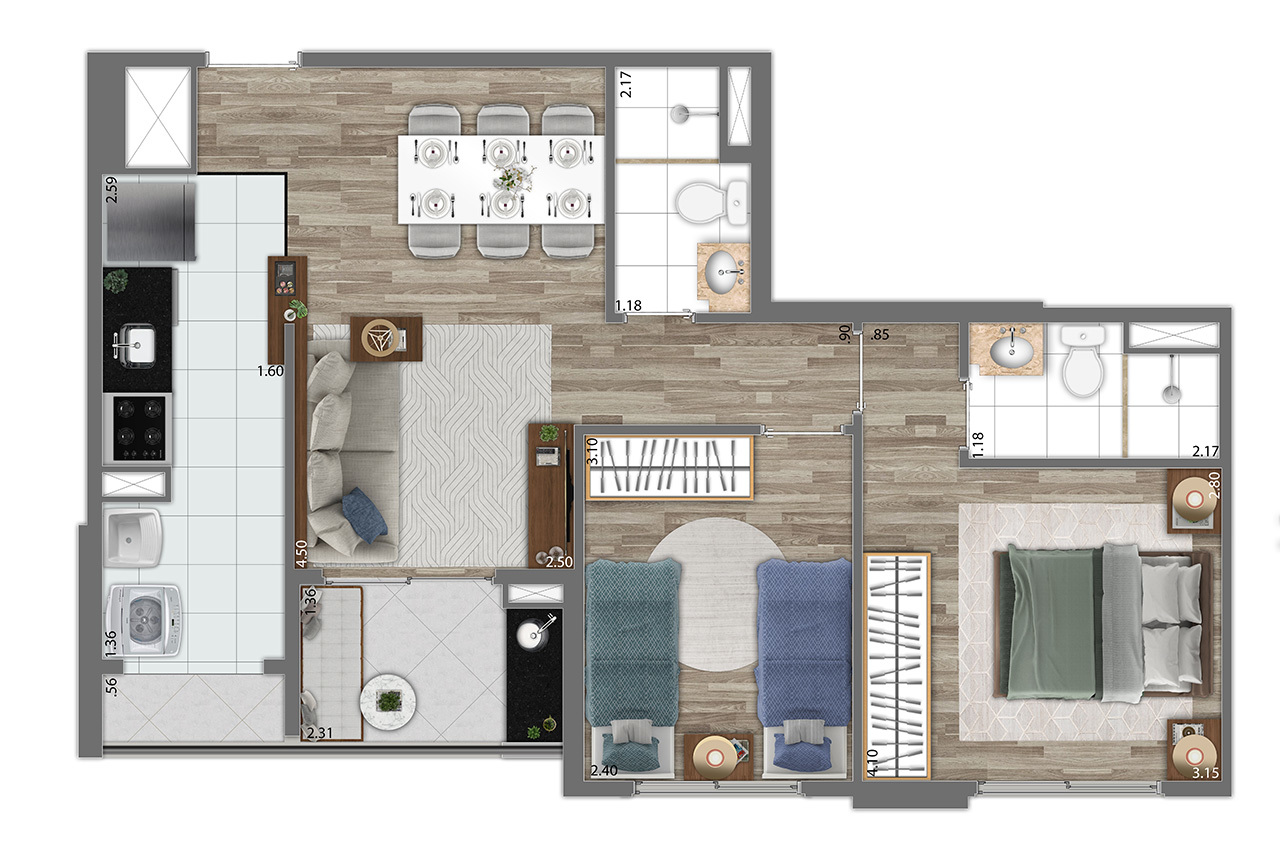 Planta 01 - 2 dorm 56m²