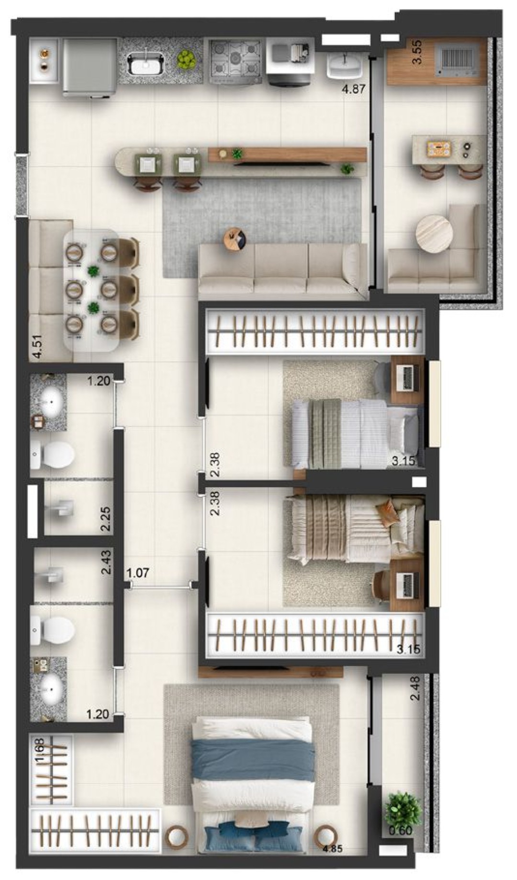 Planta 07 - 3 dorm 77m²