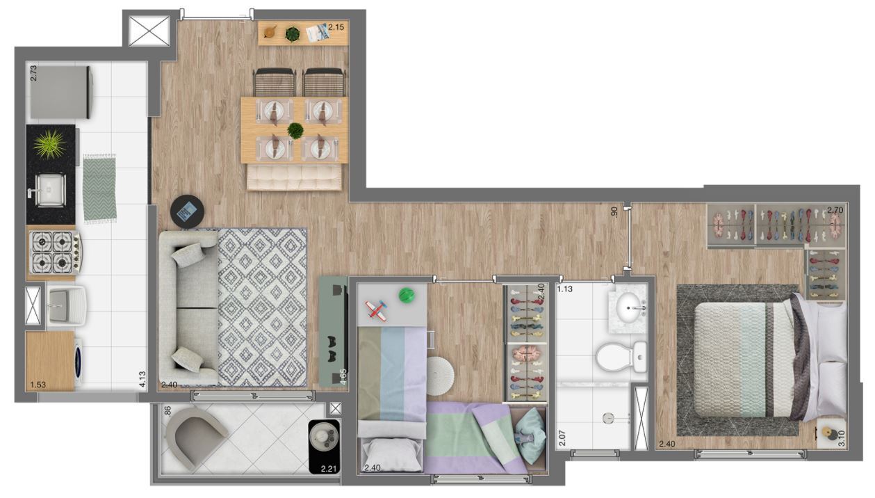 Planta 03 - 2 dorm 45m²