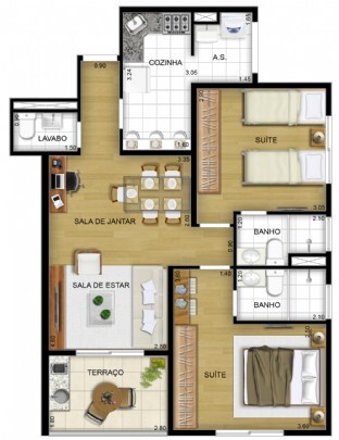 Planta 01 - 2 dorm 64 15m²