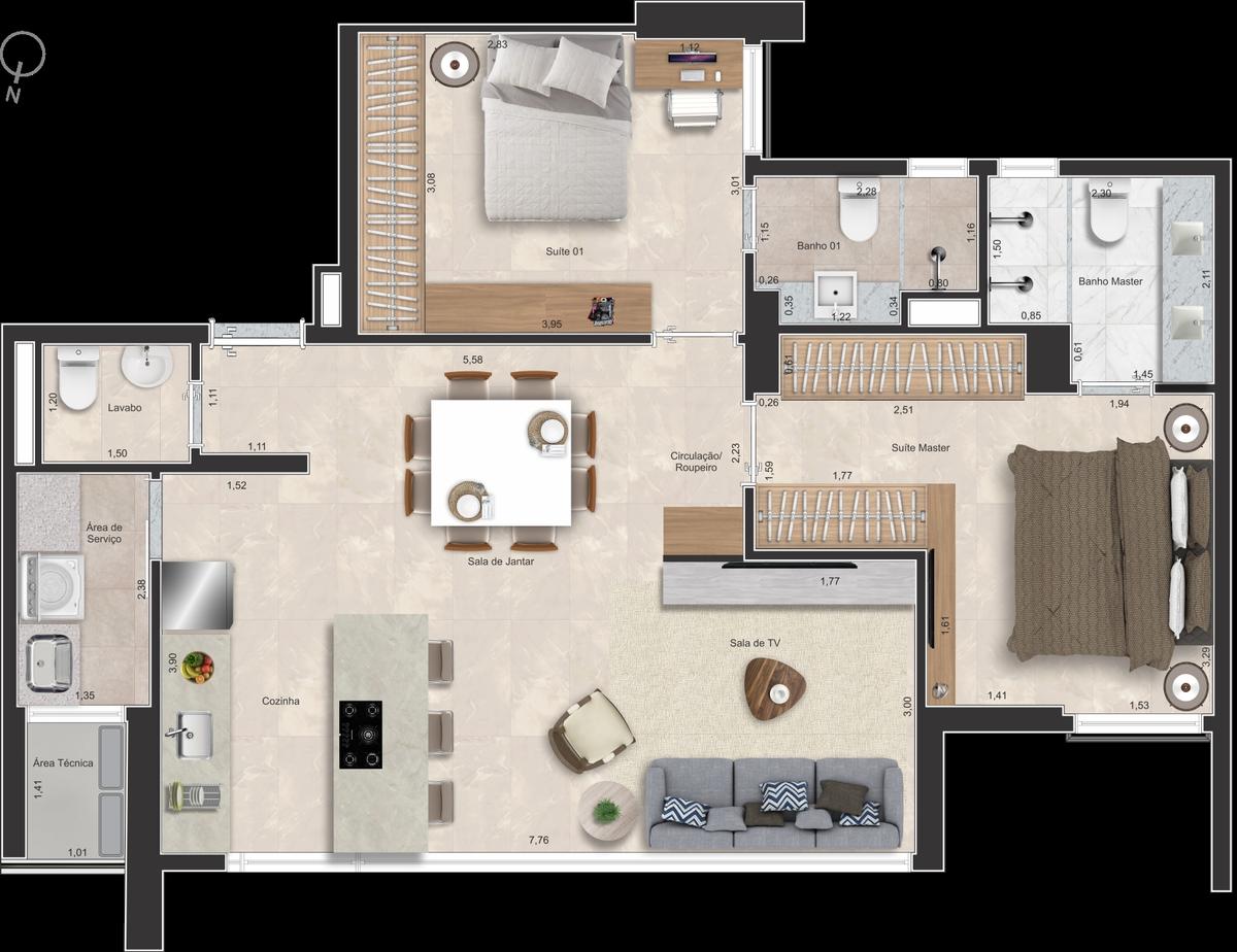 Planta 01 - 2 dorm 88m²