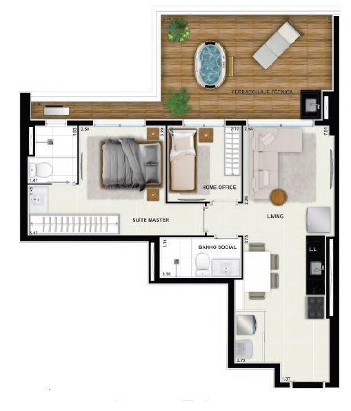 Planta 04 - 2 dorm 69 61m² - garden