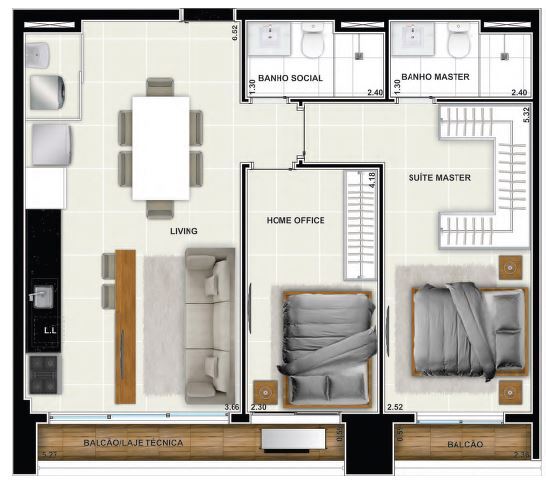 Planta 05 - 2 dorm 70 68m²
