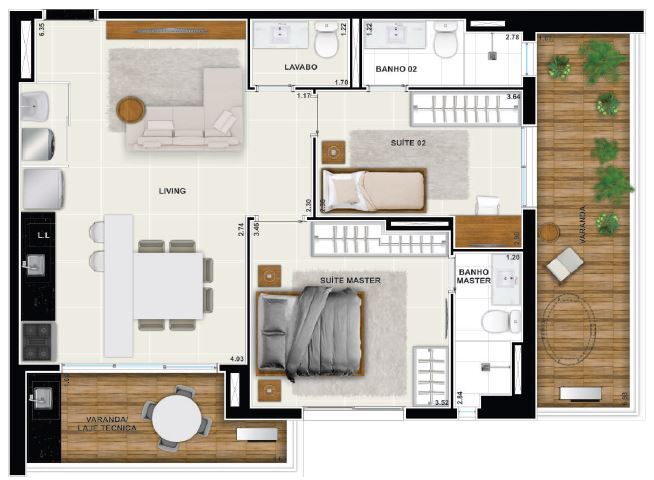 Planta 12 - 2 dorm 90 35m² - garden