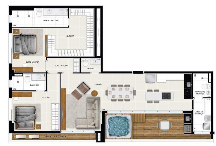 Planta 14 - 2 dorm 136 83m² - cobertura horizontal