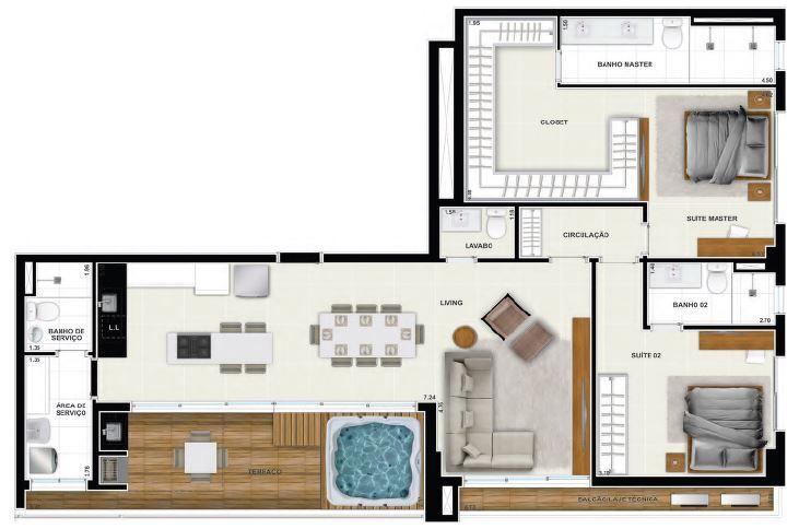 Planta 15 - 2 dorm 136 85m² - cobertura horizontal