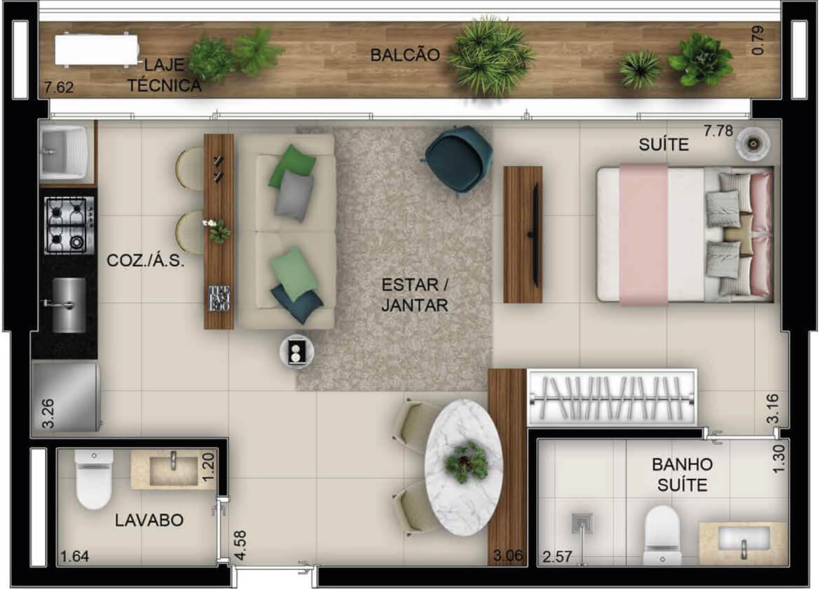 Planta 01 - 1 dorm 48m² - studio