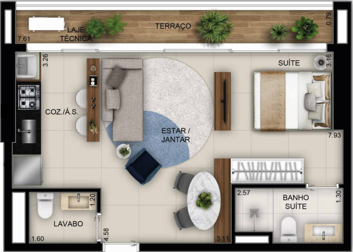Planta 02 - 1 dorm 49m² - studio