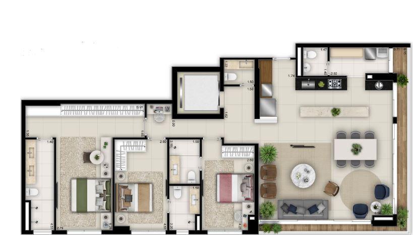 Planta 02 - 3 dorm 150m²
