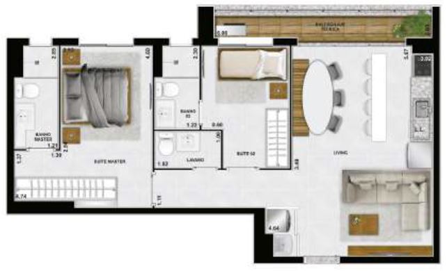 Planta 03 - 2 dorm 77m²