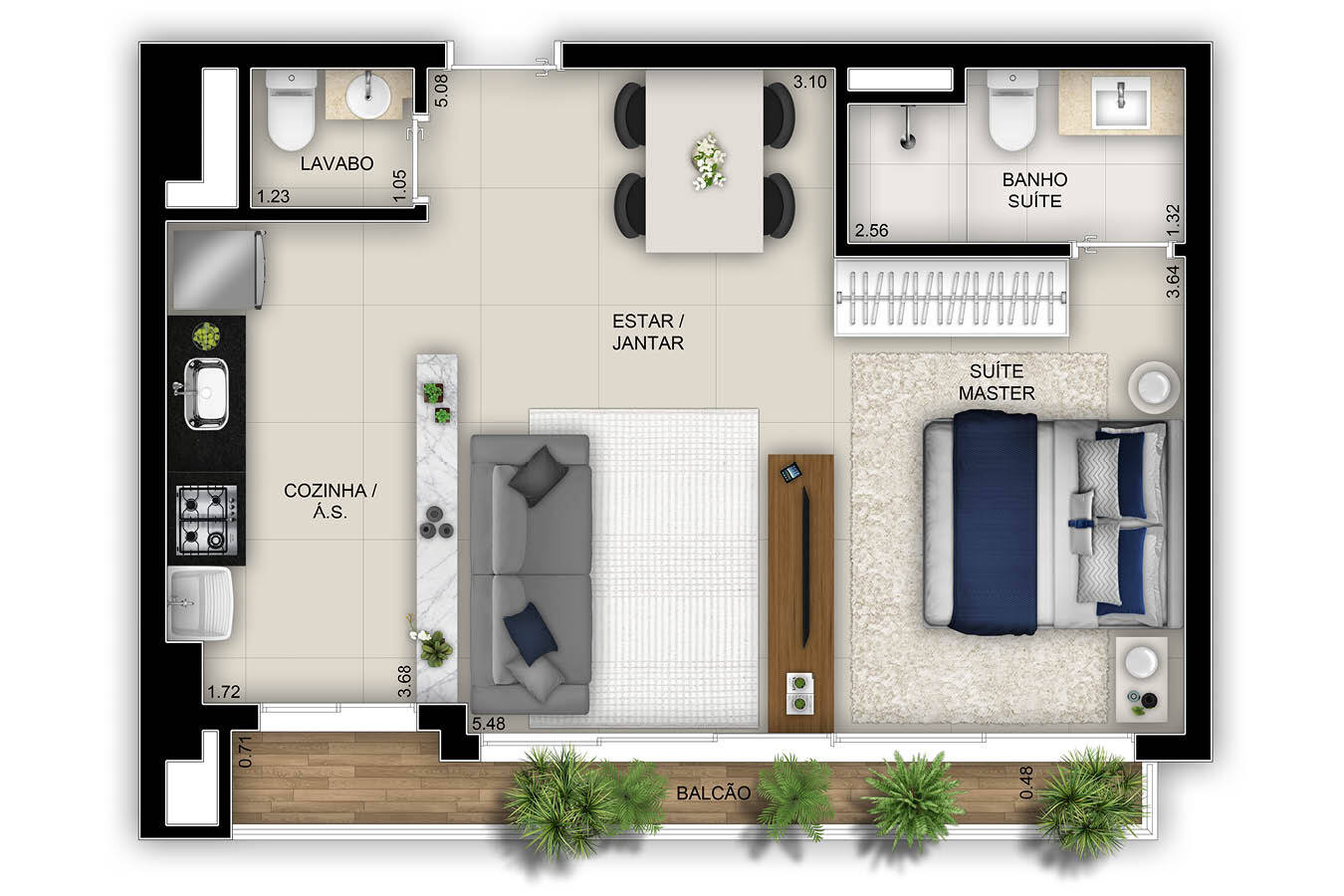 Planta 02 - 1 dorm 47m² - studio
