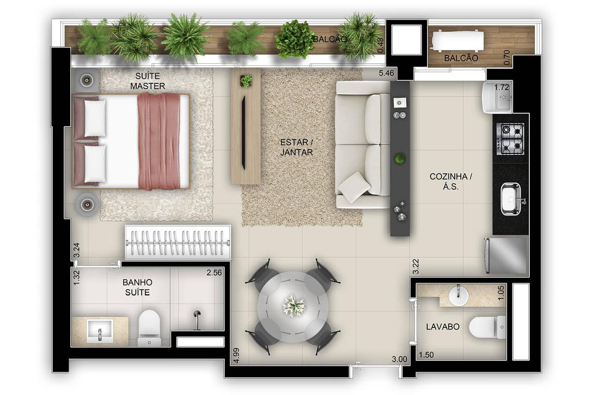 Planta 05 - 1 dorm 47m² - studio