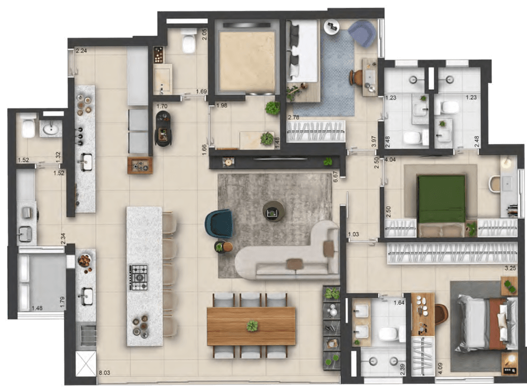 Planta 02 - 3 dorm 153m²