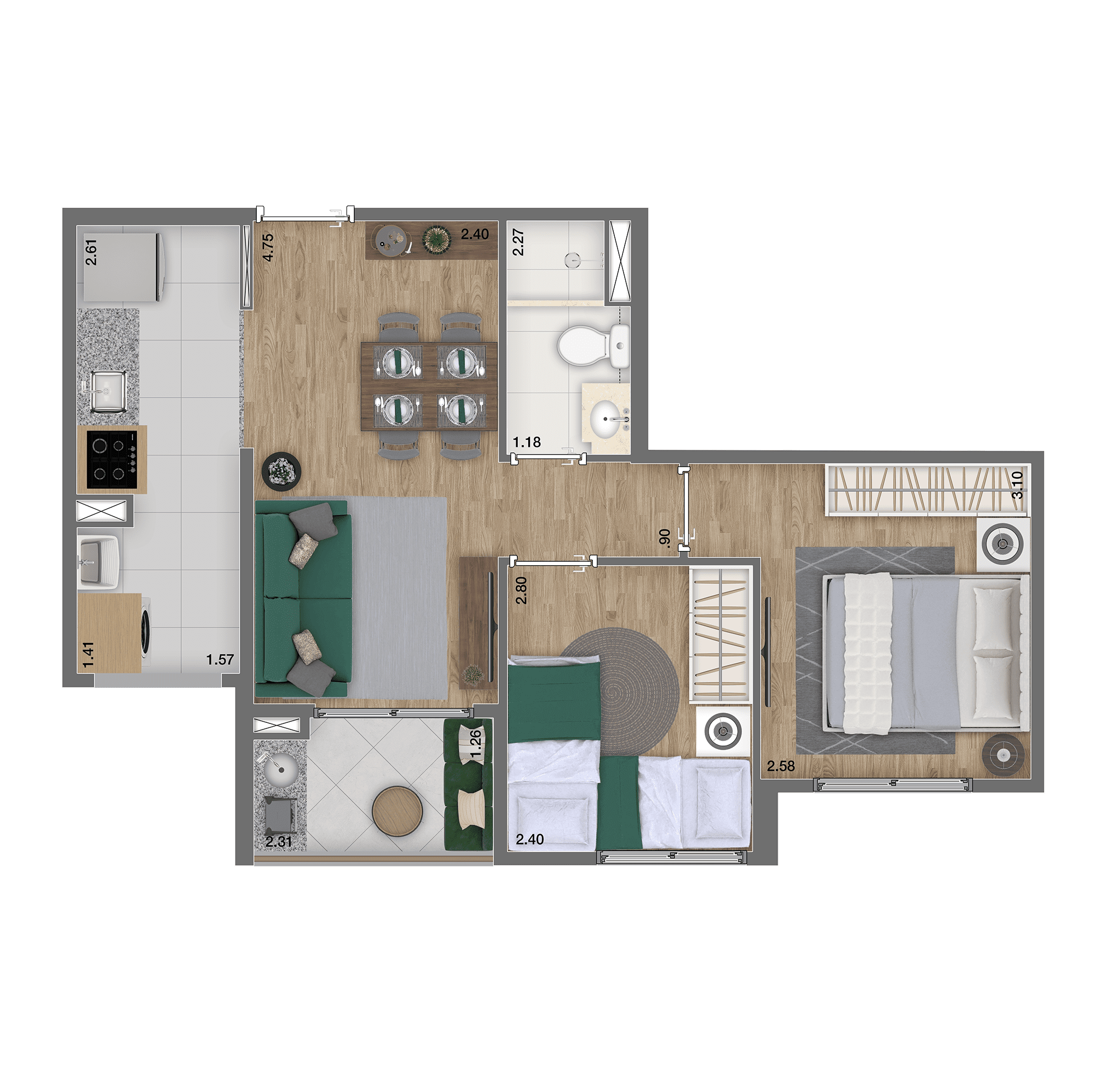 Planta 01 - 2 dorm 47m²