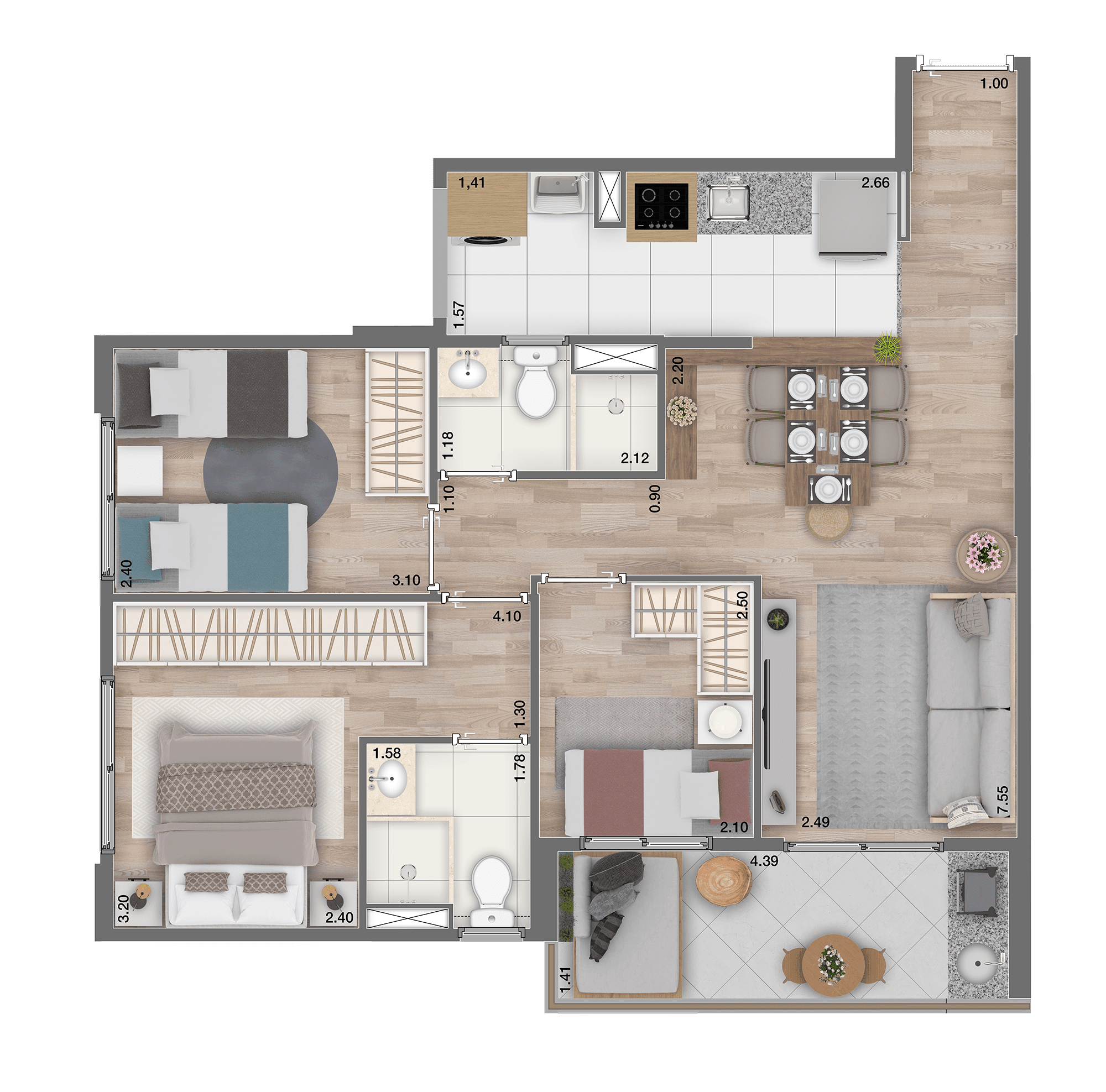 Planta 03 - 3 dorm 69m²