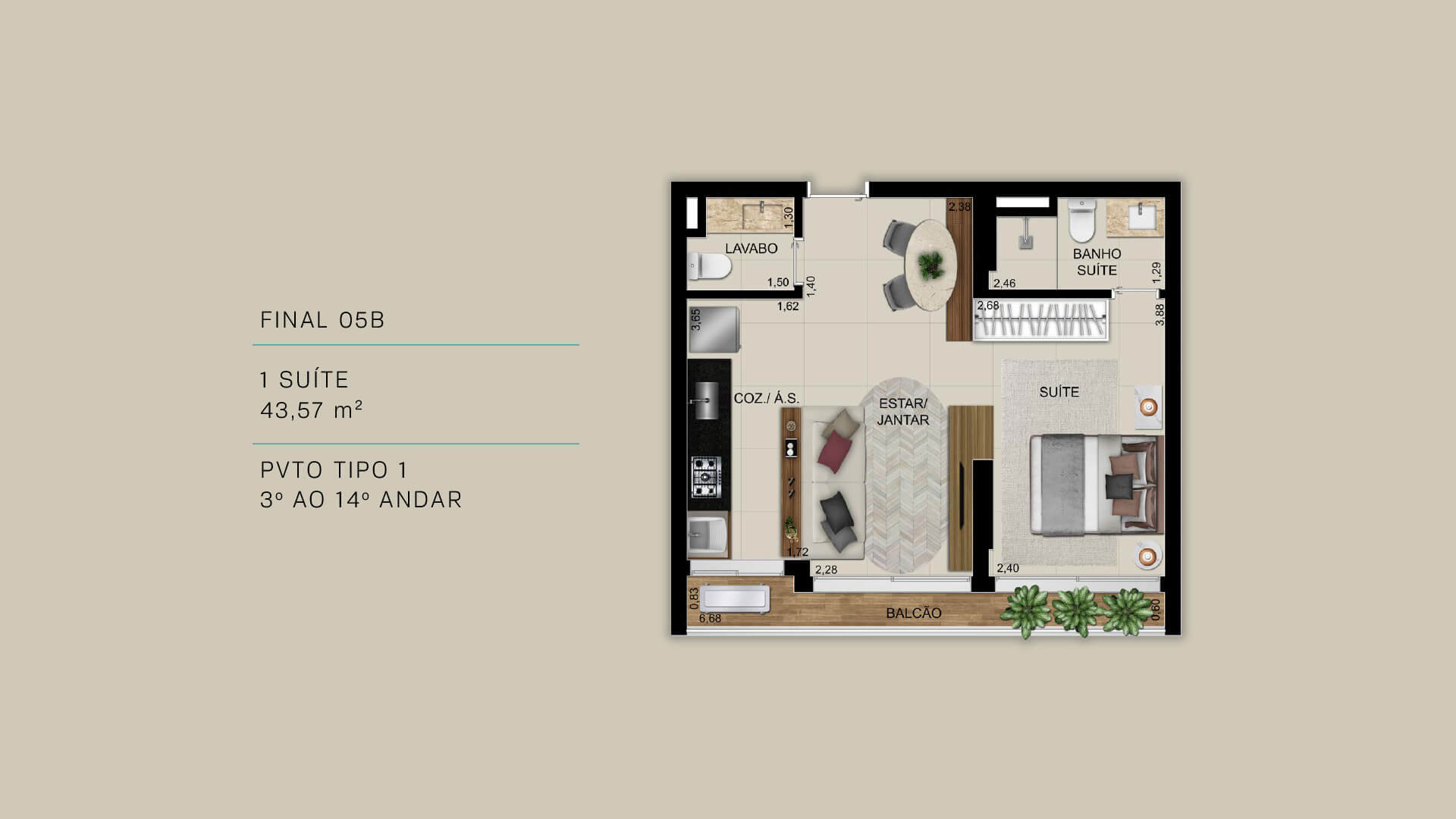 Planta 02 - 1 dorm 43 57m²