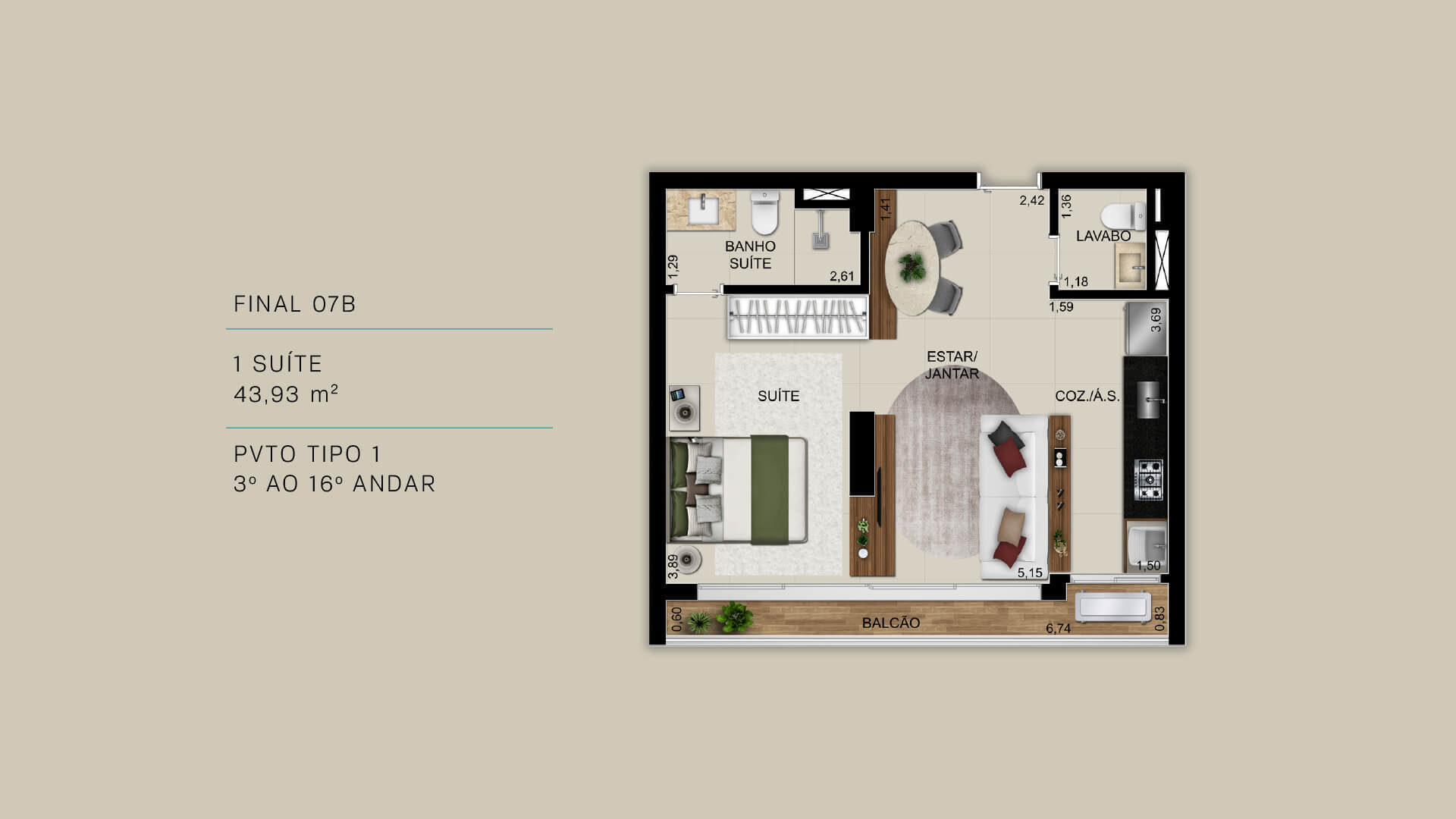 Planta 04 - 1 dorm 43 93m²