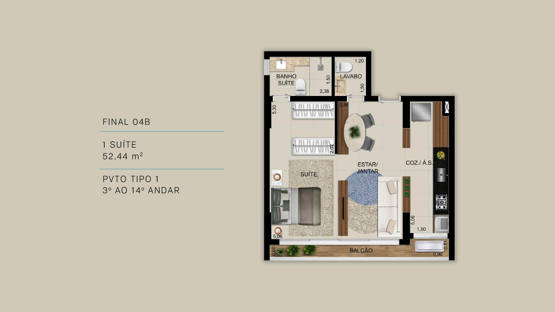 Planta 08 - 1 dorm 52 44m²