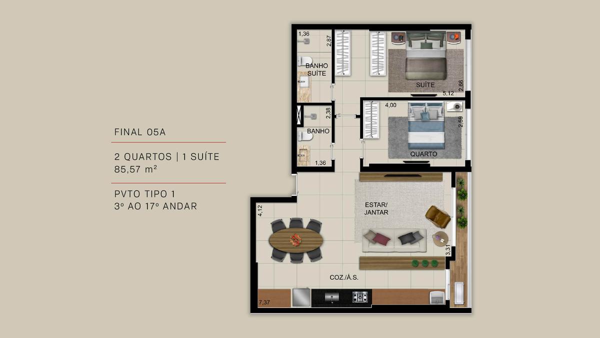 Planta 13 - 2 dorm 85 57m²