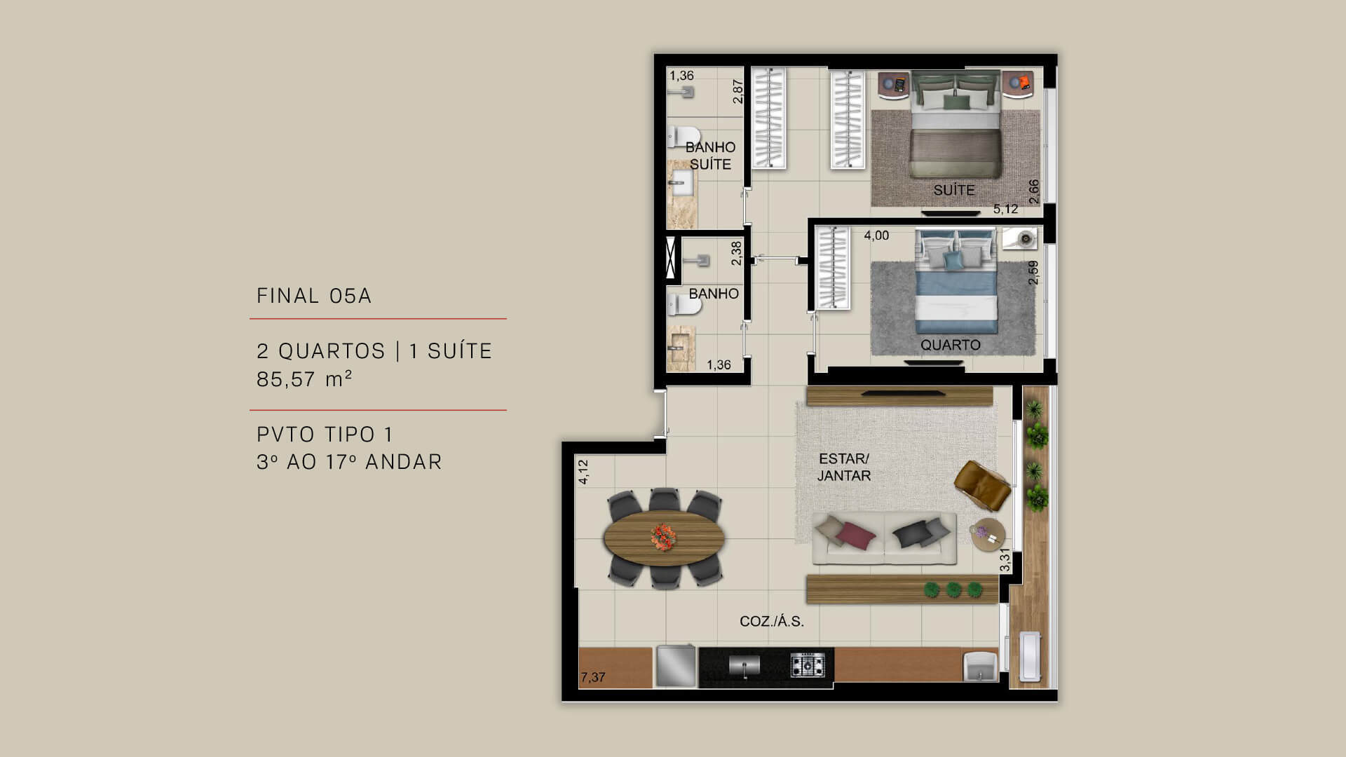 Planta 13 - 2 dorm 85 57m²