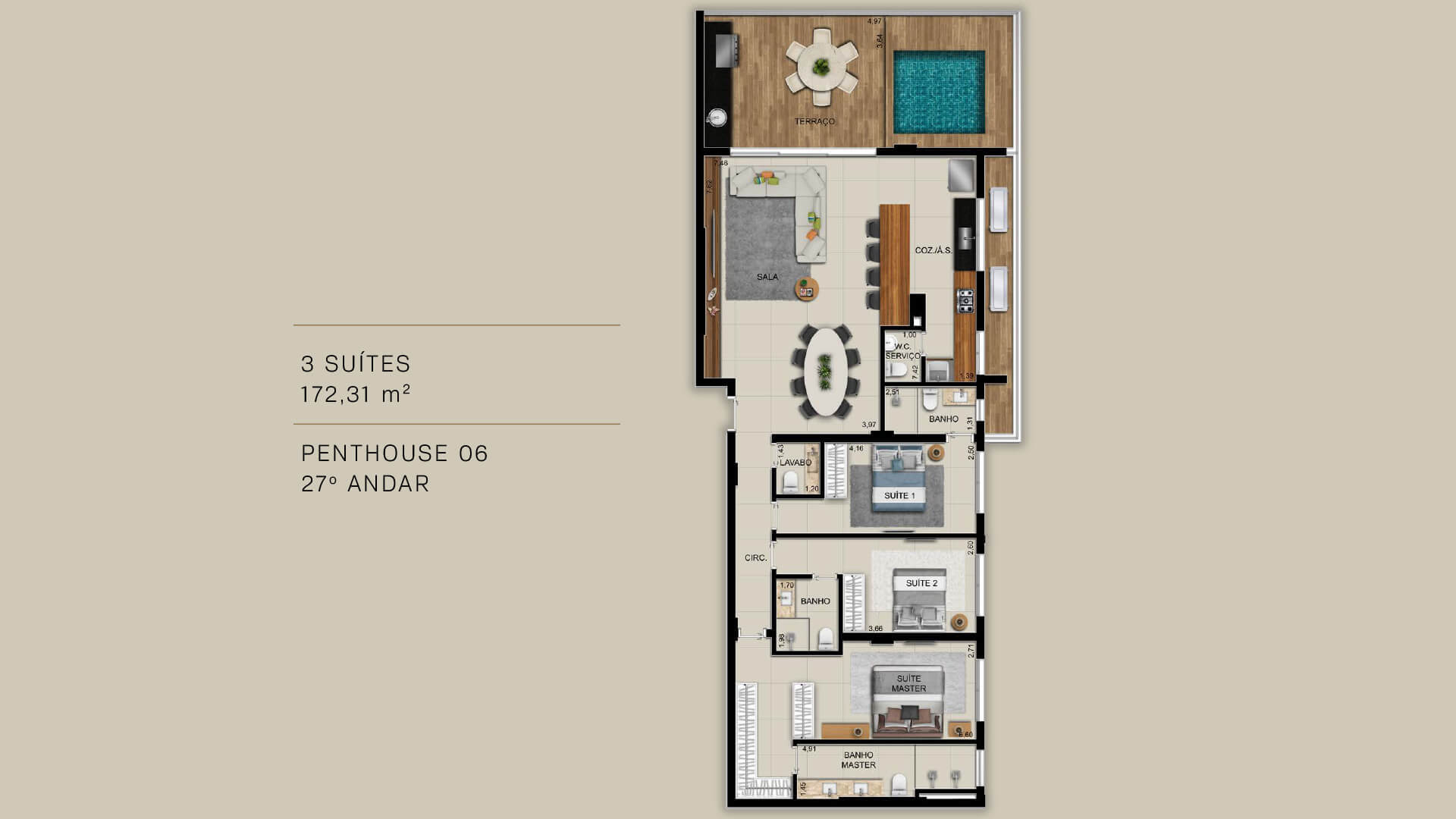 Planta 18 - 3 dorm 172 31m² - penthouse