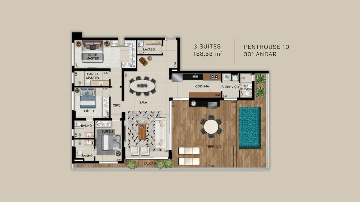 Planta 19 - 3 dorm 188 53m² - penthouse