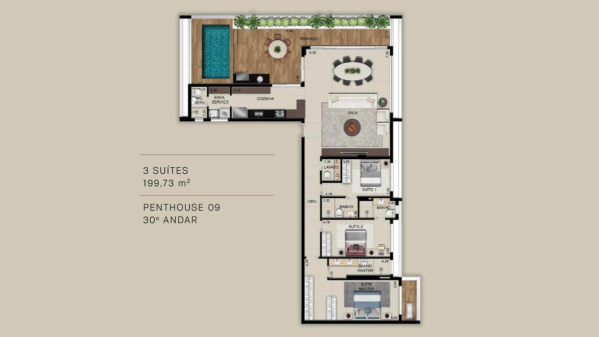 Planta 21 - 3 dorm 199 73m² - penthouse