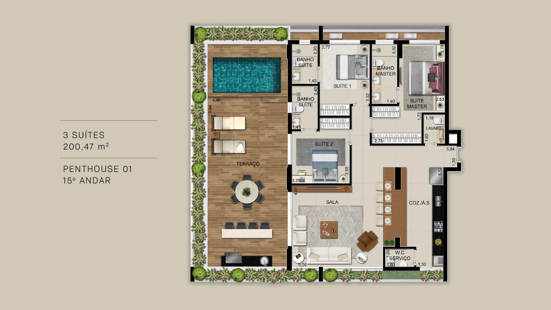 Planta 22 - 3 dorm  200 47m² - penthouse