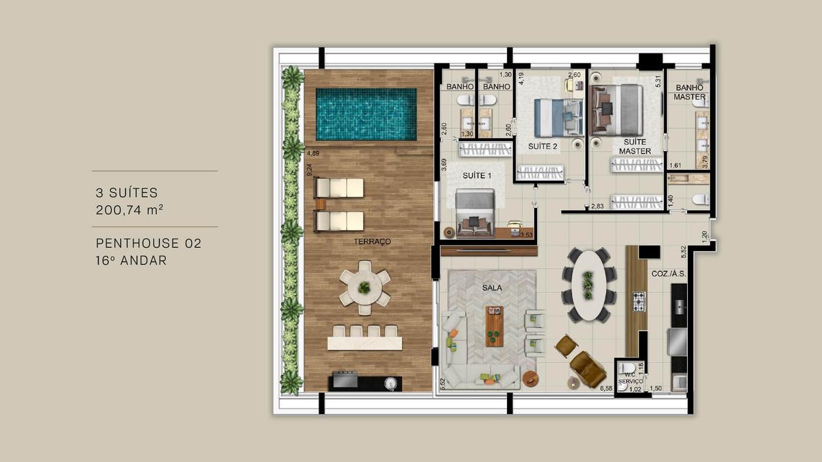 Planta 23 - 3 dorm 200 74m² - penthouse