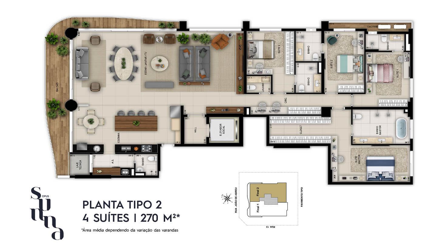 Planta 03 - 4 dorm 270m²