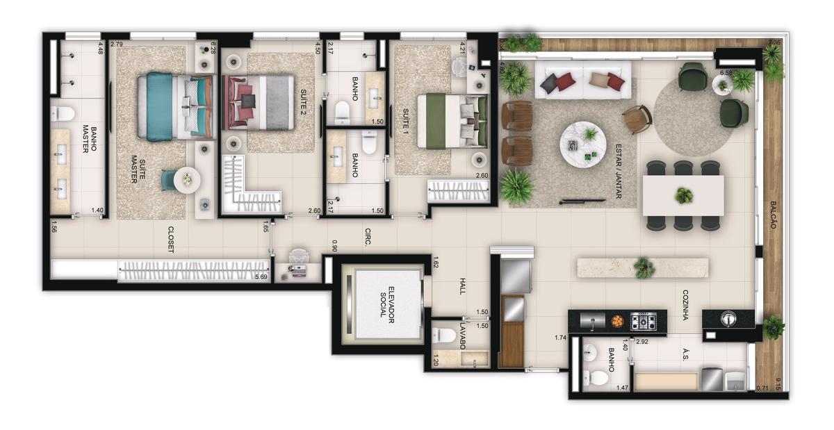 Planta 01 - 3 dorm 150m²