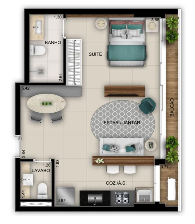 Planta 02 - 1 dorm 48 28m² - studio
