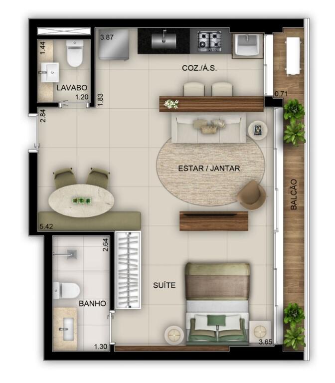 Planta 03 - 1 dorm 48 28m² - studio