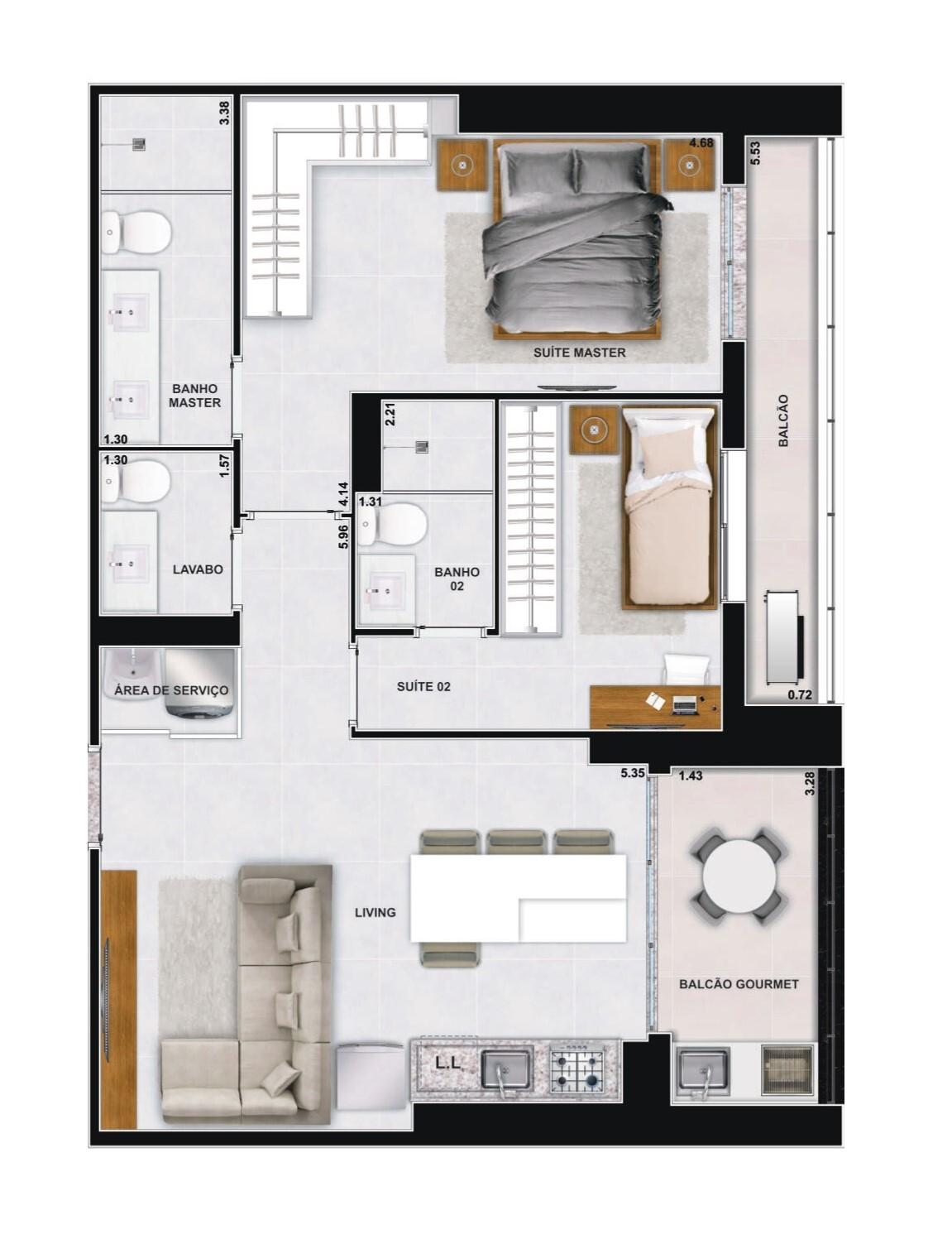 Planta 03 - 2 dorm 75 96m²