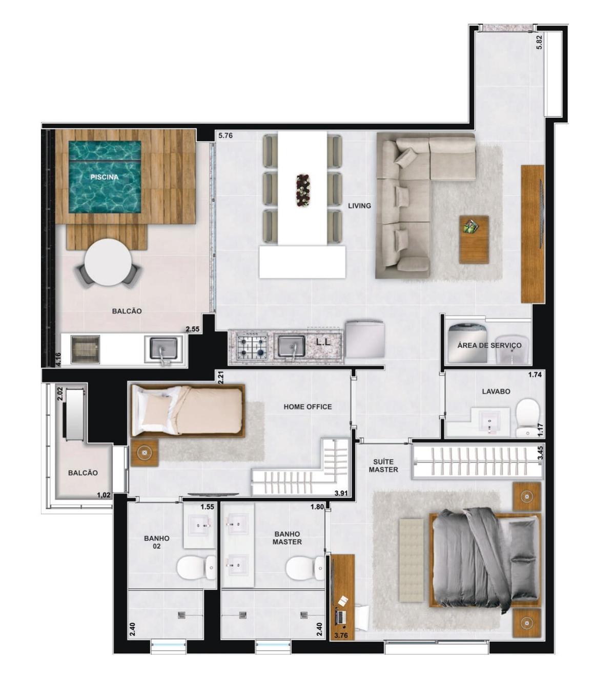 Planta 04 - 2 dorm 82 34m²