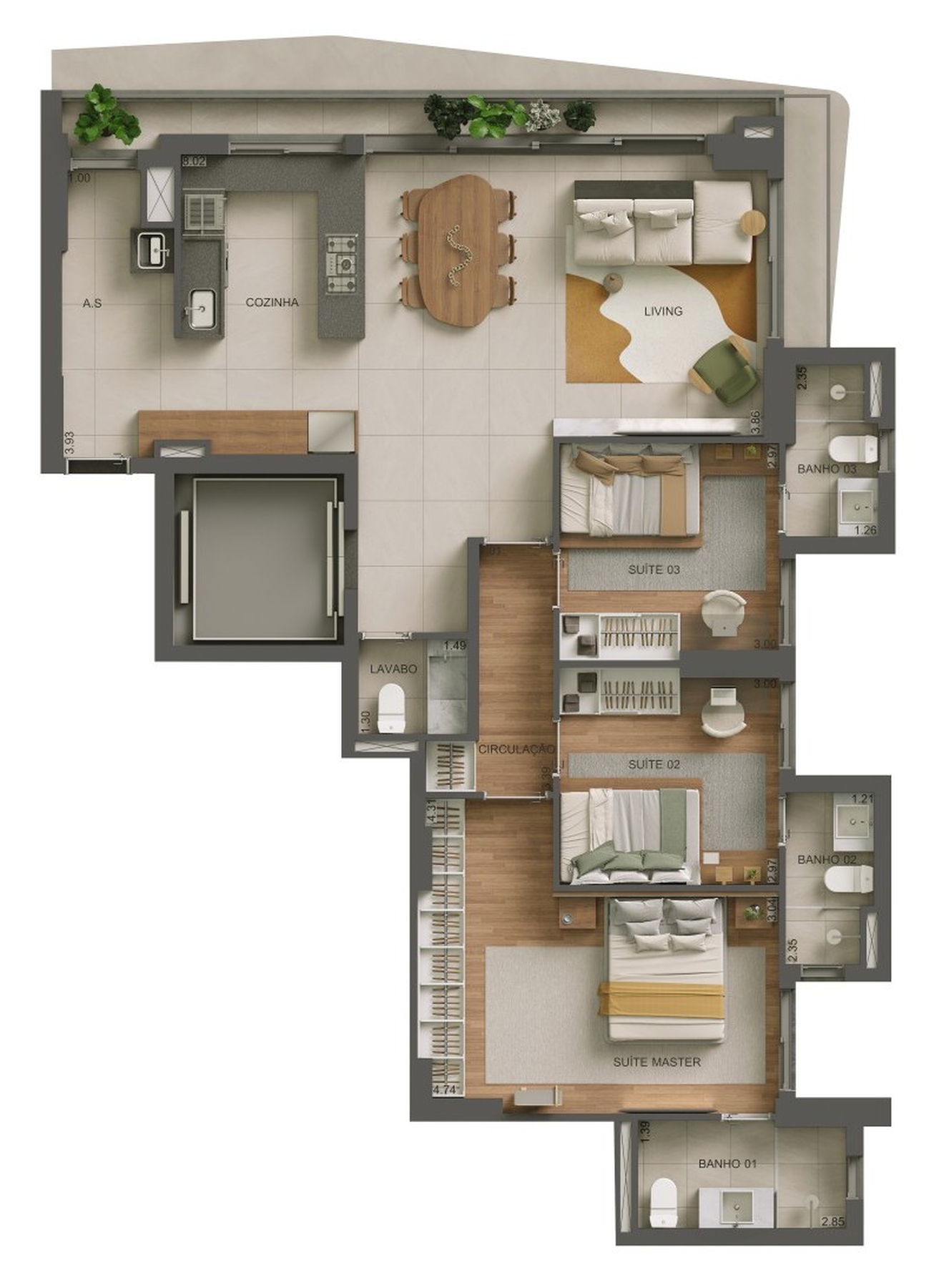 Planta 04 - 3 dorm 115m²