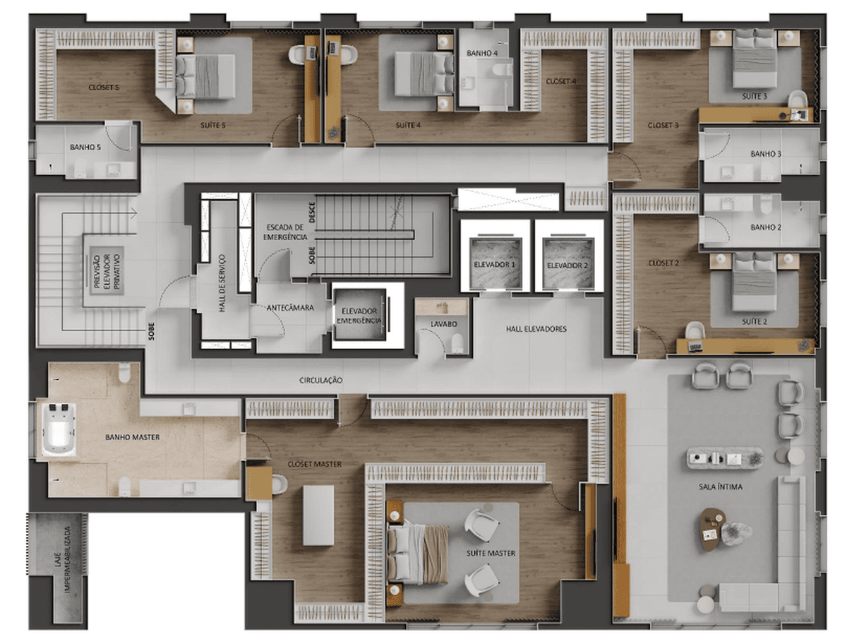 Planta 05 - 5 dorm 864,14m² - cobertura duplex - inferior