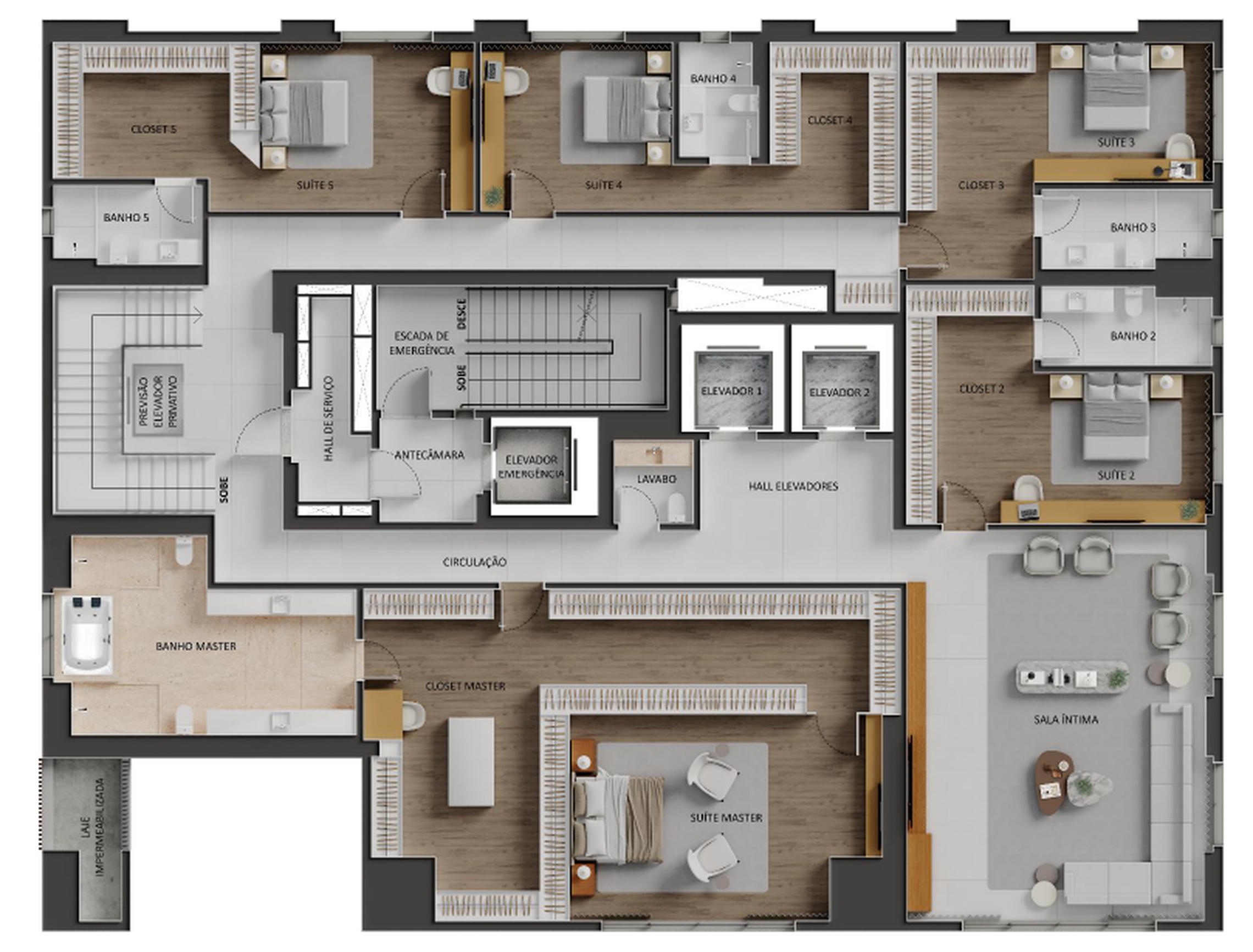 Planta 05 - 5 dorm 864,14m² - cobertura duplex - inferior