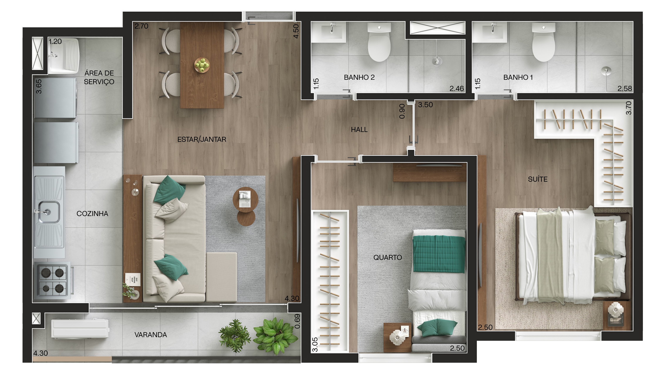 Planta 03 - 2 dorm 53,41m²